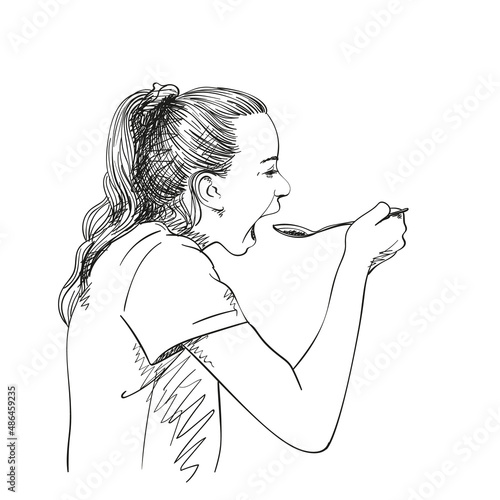 Hand drawn sketch of eating teenage girl with her mouth wide opened, Vector illustration
