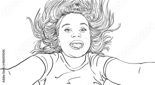 Vector sketch of comic selfie of young girl showing tongue and hair blowing wild around, Hand drawn linear illustration
