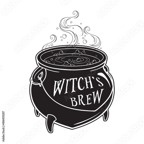 Boiling magic cauldron vector illustration. Hand drawn wiccan design, astrology, alchemy, magic symbol or halloween design photo