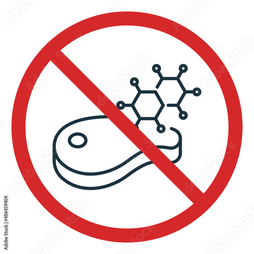 Prohibited Artificial Meat Line Icon. No Hormone Meal, Only Natural Product Symbol. Organic Nutrition Pictogram. Forbidden Artificial Meat and Laboratory Grown Meat Outline Icon. Vector Illustration