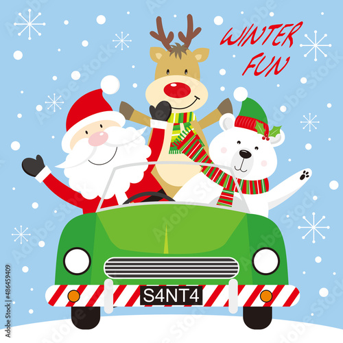 christmas card with santa claus, bear and reindeer on the car