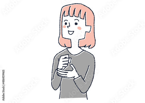 何かを思いついた女性　コミカルな手書きの人物イラスト　ベクター線画にシンプルな色つけ　白バック