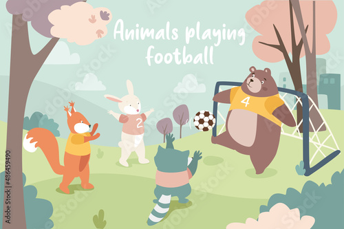 Animals playing football concept background. Rabbit, badger and raccoon kick ball and boar goalkeeper catches it at gate. Cute pets on playground in forest. Vector illustration in flat cartoon design