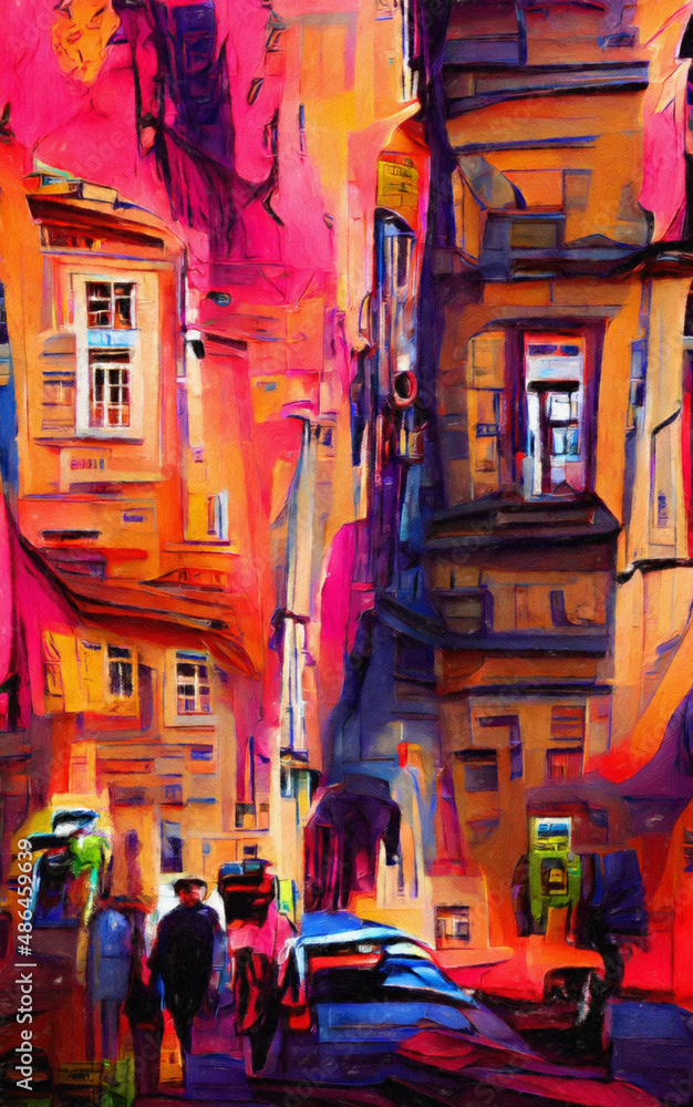 Wall art paining in oil mixed style, stock, contemporary impressionism artwork for sale, vibrant abstract art, colorful brush strokes, print for interior. European city old street and houses, tourism