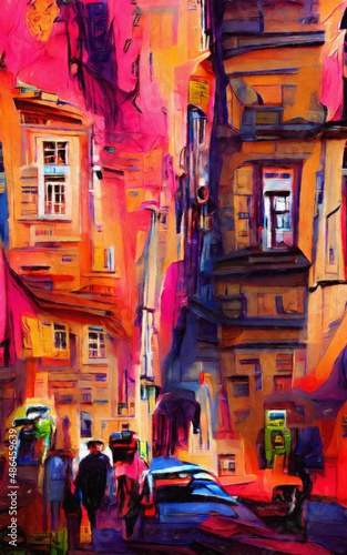 Wall art paining in oil mixed style, stock, contemporary impressionism artwork for sale, vibrant abstract art, colorful brush strokes, print for interior. European city old street and houses, tourism © AnnArts