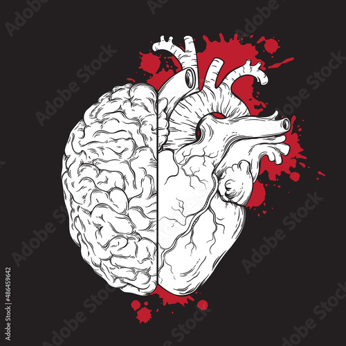 Hand drawn line art human brain and heart halfs. Grunge sketch tattoo design isolated on black background vector illustration.