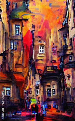 Wall art paining in oil mixed style, stock, contemporary impressionism artwork for sale, vibrant abstract art, colorful brush strokes, print for interior. European city old street and houses, tourism