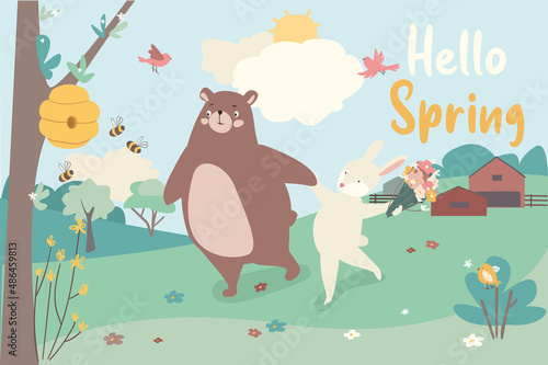Hello spring concept background. Cute animals greeting springtime. Bunnies hold Easter eggs, birds sit near nest on tree branches, lambs ride on swing. Vector illustration in flat cartoon design