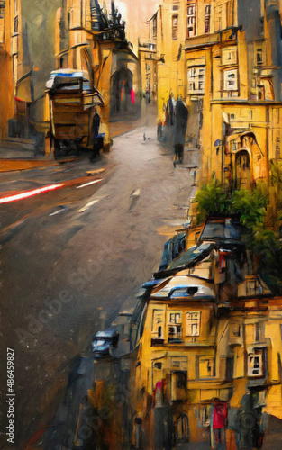 Fototapeta Naklejka Na Ścianę i Meble -  Wall art paining in oil mixed style, stock, contemporary impressionism artwork for sale, vibrant abstract art, colorful brush strokes, print for interior. European city old street and houses, tourism
