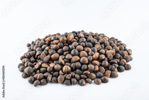A pile of camellia seeds on a white background