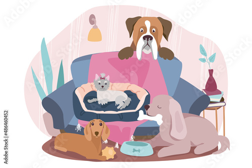 Cute dogs sitting on sofa at home concept background. Dogs of different breeds sitting and lying on couch and bed, playing toys together. Domestic animals. Vector illustration in flat cartoon design
