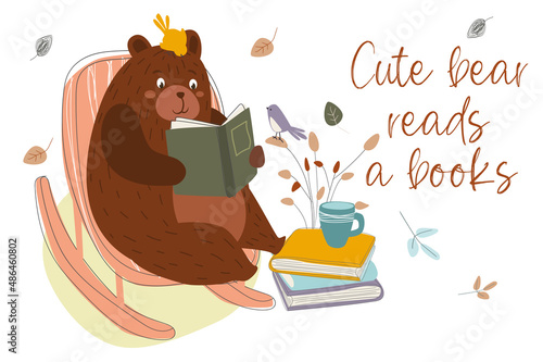 Cute bear reads a books concept background. Pet reads tales sitting in rocking chair near pile of books and drinking tea. Happy animal loves literature. Vector illustration in flat cartoon design