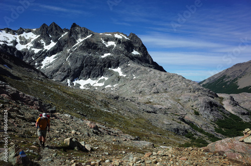 Trekking in Patagonia Nahuel Huapi National Park, Argentina hiking trail, Man walking on rocky mountain landscape, Nature of South America Andes