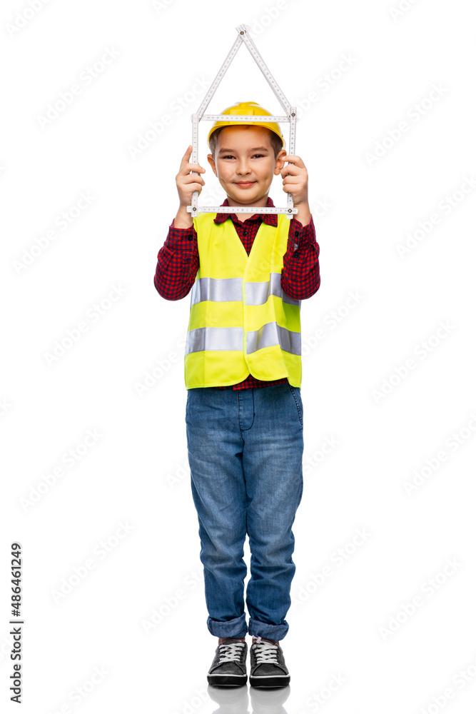 building, construction and profession concept - little boy in protective helmet and safety vest with ruler in shape of house over white background building, construction and profession concept - little boy in protective helmet and safety vest with ruler in shape of house over white background