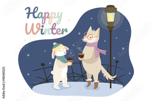 Happy winter concept background. Cute animals greeting wintertime. Rabbit and wolf drinking hot coffee and talking standing under lantern on snowy street. Vector illustration in flat cartoon design