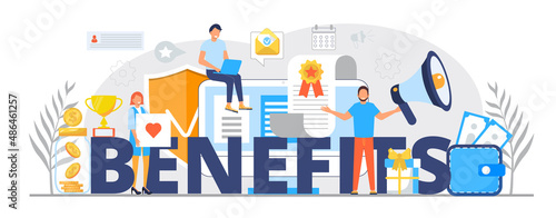 Benefits for worker  buyer. Big letters with employees  money  winner cup Employee  teamwork benefits package vector for web  UI