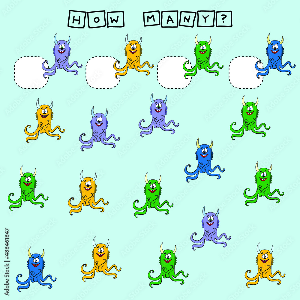 Obraz premium How many counting game with funny cute monsters. Worksheet for preschool kids, kids activity sheet, printable worksheet