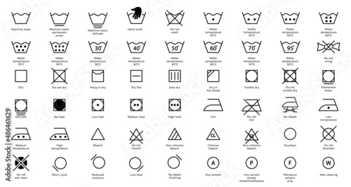 Laundry Instruction Line Icon Set. Care Wash Information Symbol Collection. Hand or Machine Wash, Use Iron, Dry, Cleaning Cotton Cloth Linear Sign. Editable Stroke. Isolated Vector Illustration