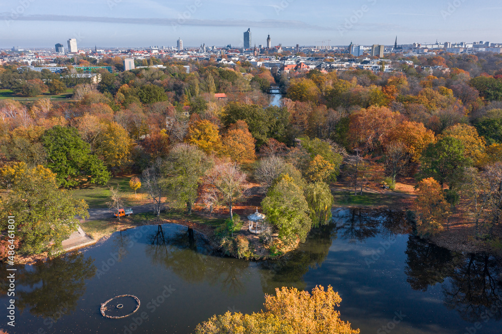Autumn Colorful Park and Lake - Leipzig Germany Drone Aerial Shot