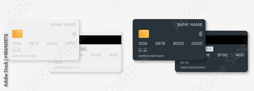 White and Black Plastic Credit Card. Realistic Mock Up of Debit Bank Card with Golden Chip. Template of Front and Back Plastic Card. Concept of Business Payment Money. Isolated Vector Illustration
