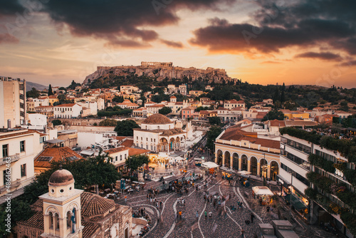aerial panoramic view of Monastiraki square and the Acropolis at sunset in Athens  Greece