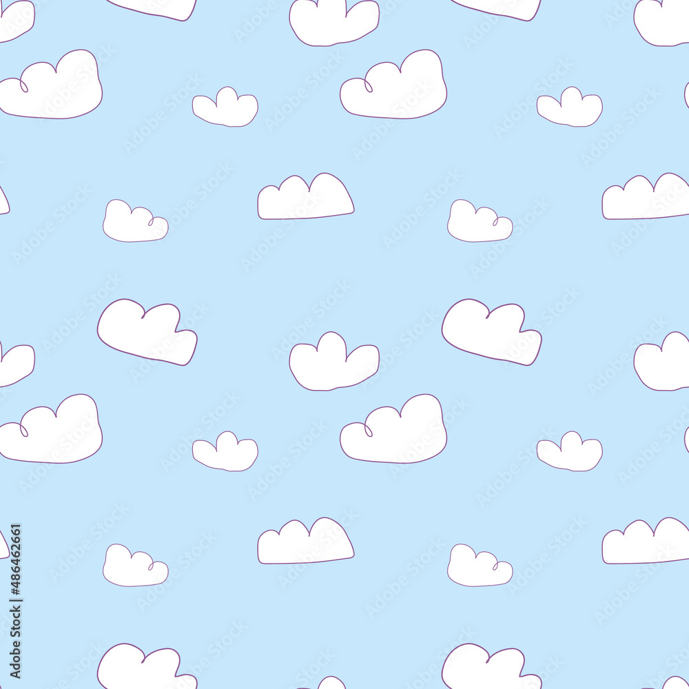 Cute seamless pattern depicting the sky with clouds. The drawing is made in the style of a children's drawing. Design for textiles and wallpaper.