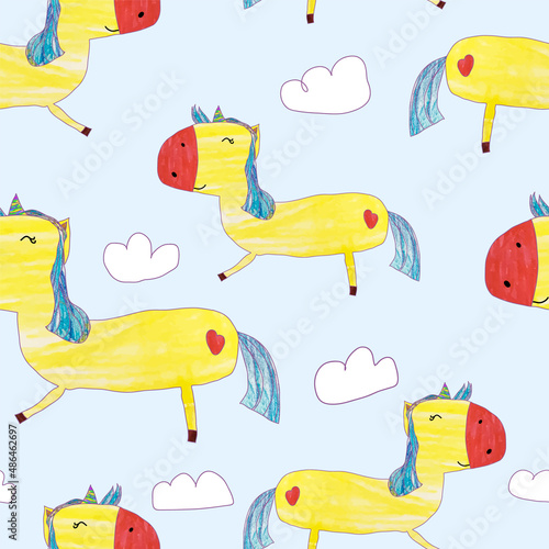 Bright seamless pattern with the image of magical unicorns. The drawing is made in a children's style. Design for textiles and wallpaper.