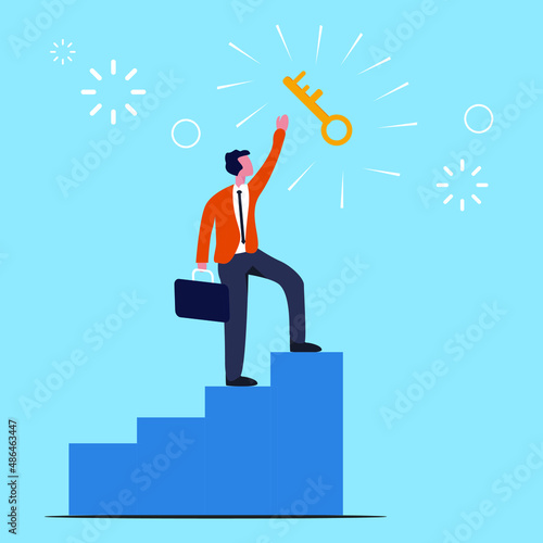 business man holds the key to success by stepping through the obstacles of work and business to achieve success