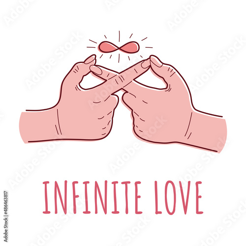 Happy Valentine's Day greeting card. Hands making infinity symbol. Infinite love. Vector illustration.
