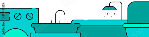 Bath and sanitary related horizontal banner or bottom border template background. Flat filled line vector illustration isolated on white.