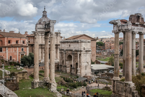View from the Capitol to the Imperial Forums, the ruins of the Basilica of Julius and the temple of Saturn and the arch of Septimius Severus. Rome, Italy © Ilia Baksheev
