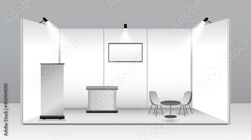set of realistic trade exhibition stand or white blank exhibition kiosk or stand booth corporate commercial. eps vector 
