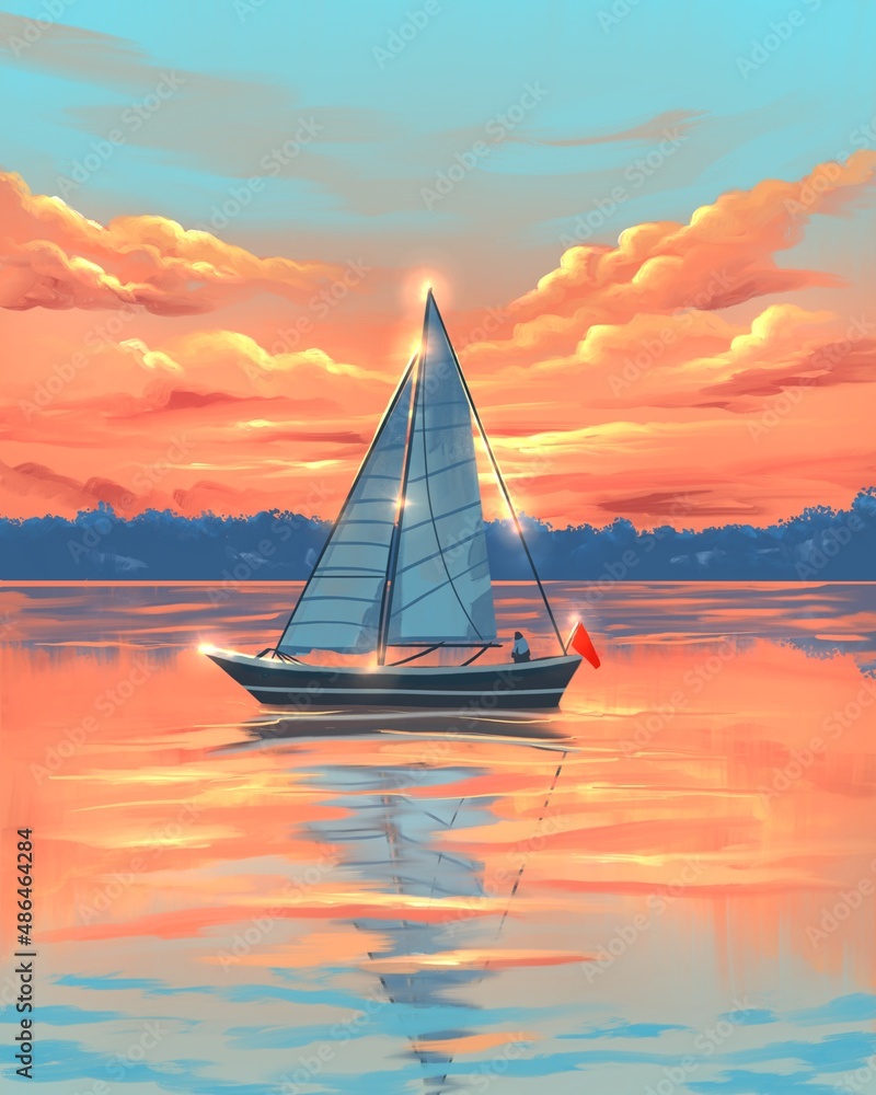 Fototapeta premium sailboat at the orange sunset