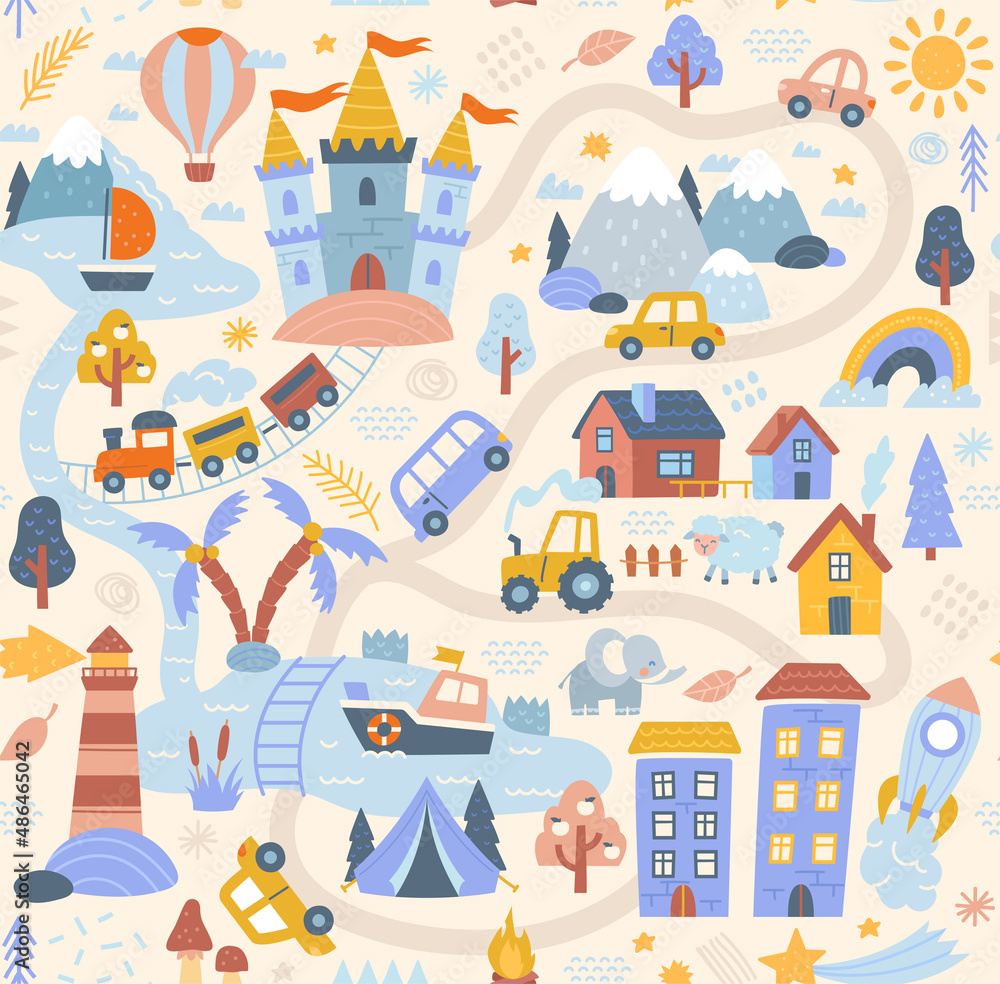 Travel around world play mat for children. Seamless pattern with houses, rocket, vehicles, road, train, lighthouse and plants. Design element for baby play carpet. Cartoon flat vector illustration