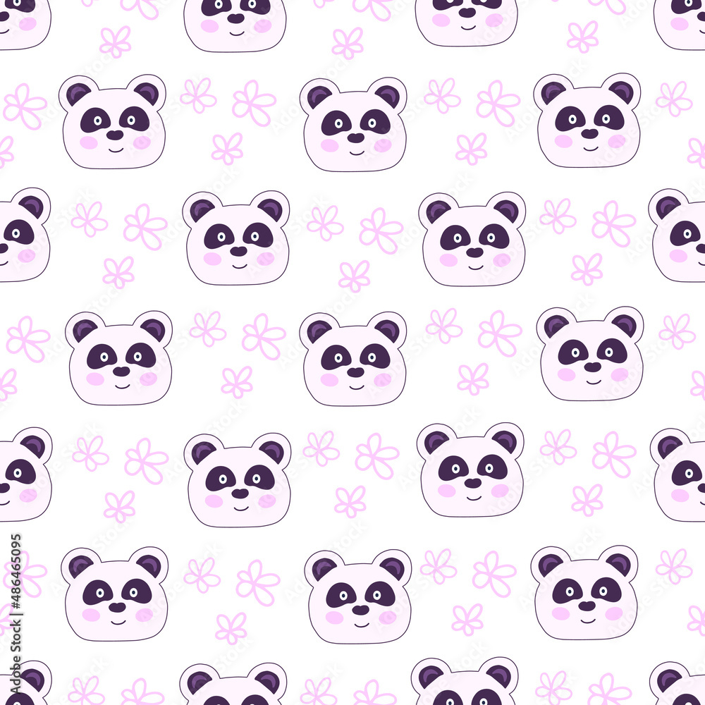 Panda and flowers seamless pattern. Vector Illustration for printing, backgrounds, covers, packaging, greeting cards, posters, stickers, textile and seasonal design. Isolated on white background.