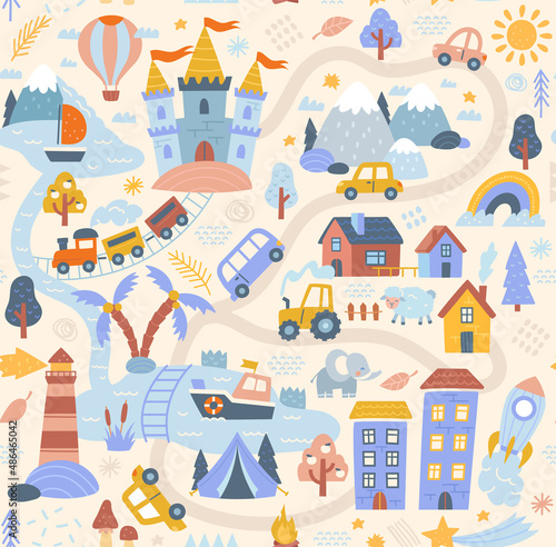 Travel around world play mat for children. Seamless pattern with houses, rocket, vehicles, road, train, lighthouse and plants. Design element for baby play carpet. Cartoon flat vector illustration