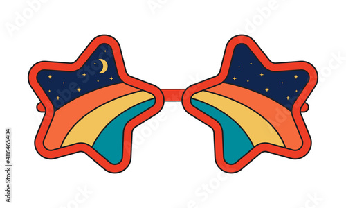 Vector 70s psychedelic star sunglasses with abstract space reflection. Retro groovy glasses for design and print. Cartoon hippy sticker. Vintage illustration
