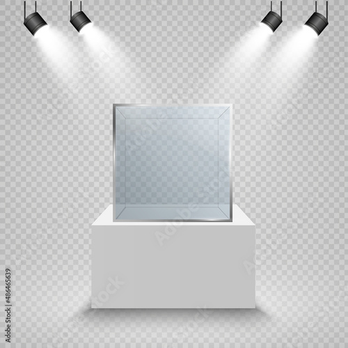 Glass showcase for the exhibition in the form of a cube. Background for sale illuminated by spotlights. Museum glass box isolated advertising or business design boutique. Exhibition hall.

