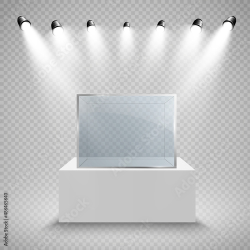 Glass showcase for the exhibition in the form of a cube. Background for sale illuminated by spotlights. Museum glass box isolated advertising or business design boutique. Exhibition hall.
