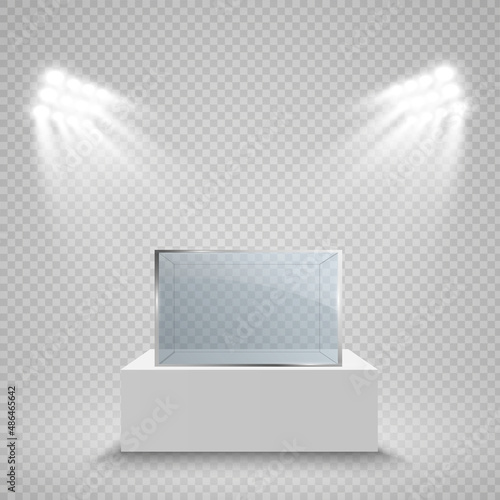 Glass showcase for the exhibition in the form of a cube. Background for sale illuminated by spotlights. Museum glass box isolated advertising or business design boutique. Exhibition hall.
