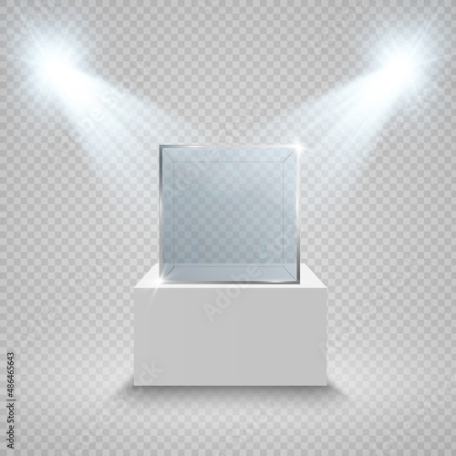 Glass showcase for the exhibition in the form of a cube. Background for sale illuminated by spotlights. Museum glass box isolated advertising or business design boutique. Exhibition hall.
