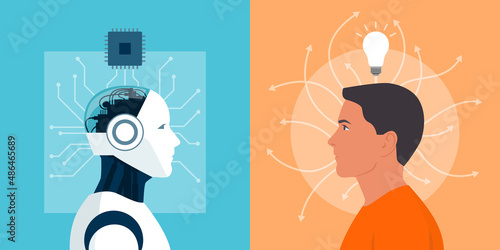 Machine vs human: robot and man facing each other