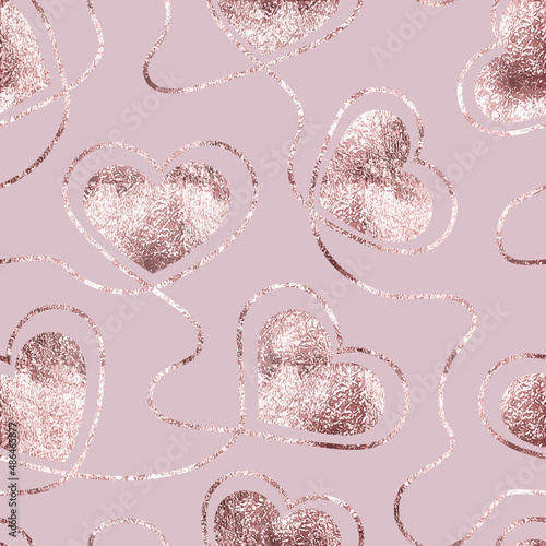 Heart seamless pattern. Repeated rose gold packing. Background for love printing. Repeating pink golden foil. Marble hearts for design prints, gift wrappers. Elegant printed. Vector illustration