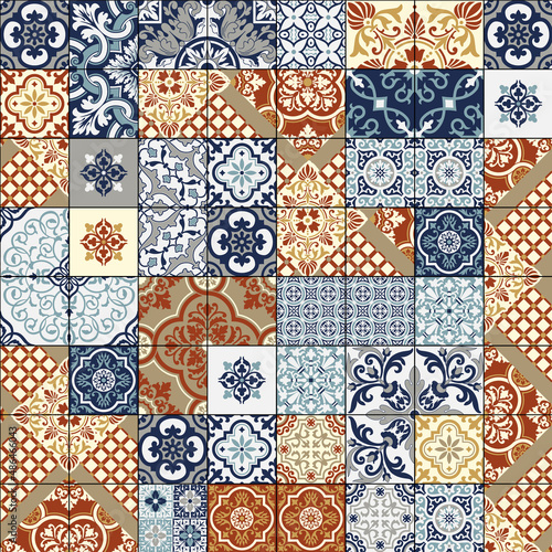 Geometric Azulejos ceramic tiles patchwork wallpaper abstract vector seamless pattern 
