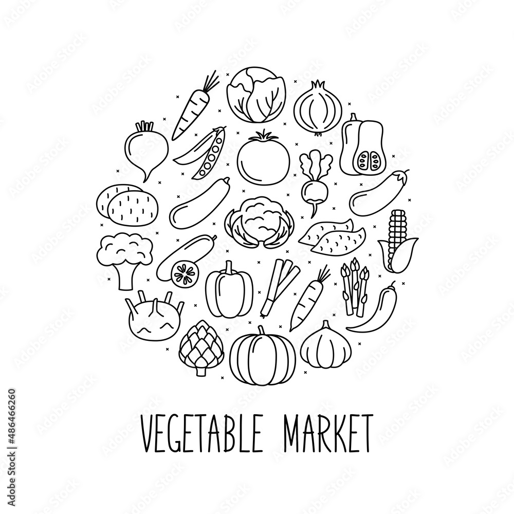 Round banner with vegetables icons in linear style. Design for market and store, vector illustration
