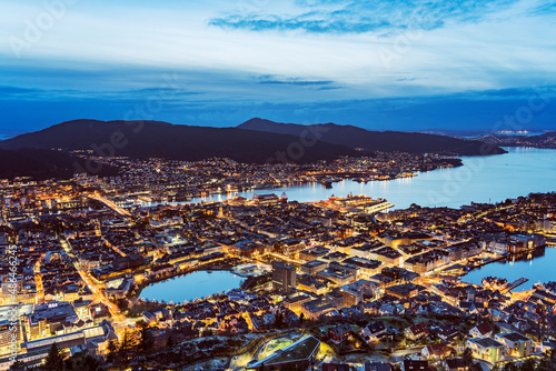 Night view of harbor in Bergen of Norway