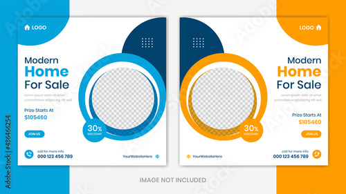 Creative real estate house social media post design set, round shapes home banner vector
