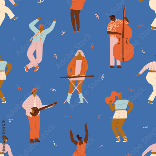 Dancing disco party illustration in vector. Funny cartoon characters dancing on dance pole together seamless pattern. Vector illustration