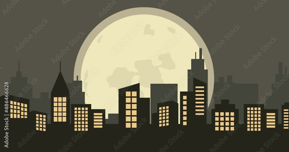 panning parallax animation of urban background and buildings at night with moonlight panning parallax animation of urban background and buildings at night with moonlight