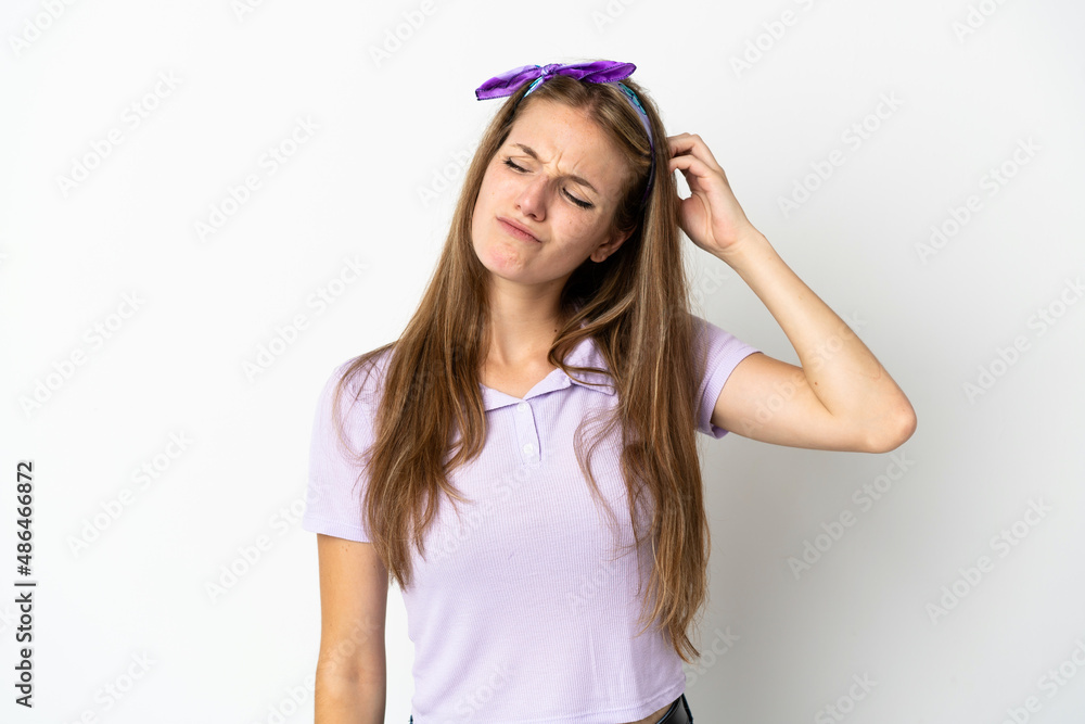 Young caucasian woman over isolated background having doubts while scratching head Young caucasian woman over isolated background having doubts while scratching head